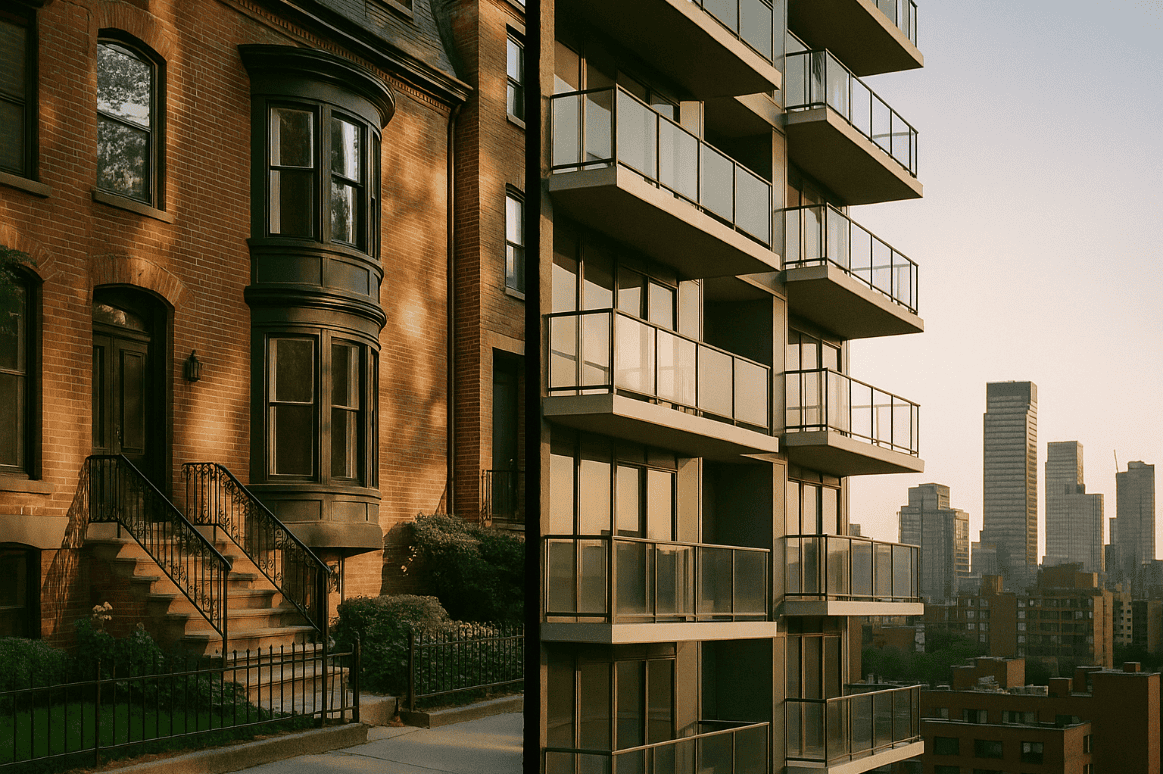 Split image for the exterior of a condo vs a townhouse