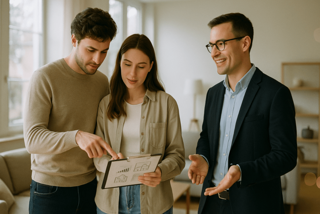Agent guiding first-time homebuyers around a townhouse